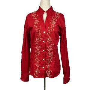 Coldwater Creek Women’s Button Up Top Large Floral Beaded Mock Neck Holiday Boho